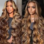 Highlight Ombre Lace Front Wigs Human Hair 28 Inch 13X4 Body Wave Honey Blonde HD Lace Front Human Hair Wigs Pre Plucked with Baby Hair 180% Density 4/27 Balayage Glueless Wigs for Black Women