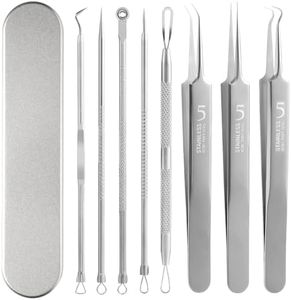 FEITA Blackhead Remover Comedone Extractor Tool, Face Black Head Needle & Curved Tip Acne Tweezers Kit with Metal Box, Facial Stainless Pimple Removal Tools Kit for Nose, Silver 8Pcs