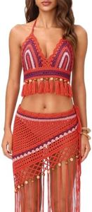FAIRY SEASON Women's Hand-Crocheted Boho Two Piece Beach Cover Up Set | Crochet Coverup,Halter Cami Top,Fringe Sarong,Adjustable Straps,Wooden Beads,Summer Cruise Resort Wear,Music Festival Outfits