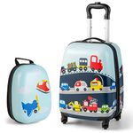 BABY JOY 2 Pcs Kids Luggage Set, 16" Toddlers Carry-on Suitcase & 12" Backpack Set, Children Travelling Case w/ 4 Casters, Retractable Handle, Lightweight Trolley Case for Boys Girls (Little Cars)