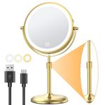 Gospire 7" Lighted Makeup Mirror with Magnification 10X/1X, Height Adjustable & 3 Color Dimmable Lights, 360° Swivel Double Sided Light up Rechargeable Cosmetic Vanity Cordless Standing Mirror-Gold