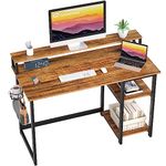 GreenForest Computer Desk with Full Monitor Stand and Reversible Storage Shelves,120cm Home Office Desk with Headphone Hook and Cup Holder, Study Writing Gaming Workstation Table,Walnut