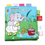 BabyMoo Baby Animals: Interactive Cloth Book with Squeaker Rattle and Rustle Paper - Blue Soft Cloth Book for Infants & Toddlers - Ideal Sensory Toy Gift for Ages 3 Months and Up