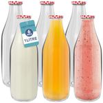 HEFTMAN Glass Milk Bottles with Lids - Empty 1 Litre Set of 6 Airtight Glass Milk Bottle with Red Gingham Lids for Beverages, Liquids & Décor - Retro Glass Juice Bottles for Weddings, BBQ's & Picnics