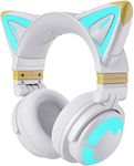 YOWU RGB Cat Ear Headphone 3G Wireless 5.0 Foldable Gaming Headset with 7.1 Surround Sound, Built-in Mic & Customizable Lighting and Effect via APP, Type-C Charging Audio Cable-White