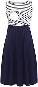 Smallshow Women's Sleeveless Nursing Dresses Patchwork Maternity Breastfeeding Dress Navy Stripe-Navy Medium