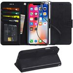 Arae Case for iPhone X/Xs, Premium PU Leather Wallet Case [Wrist Straps] Flip Folio [Kickstand Feature] with ID&Credit Card Pockets for iPhone X (2017) / Xs (2018) 5.8 inch Black