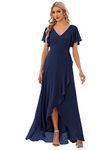 Ever-Pretty Women's Maxi Bridesmaid Dresses Chiffon V Neck Empire Waist Ruffle Sleeves Navy Blue 16