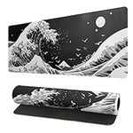 Japanese Black Sea Wave Mouse Pad Abstract Black Gaming Mouse Pad 31.5x11.8 Inch Sea Wave Texture Non-Slip Rubber Base Wave Large Mousepad Stitched Edges Keyboard Mouse Mat Desk Pad for Office Home