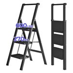 JOISCOPE 3 Step Ladder, Iron Folding Step Ladder with Handgrip Anti-Slip Sturdy and Wide Pedal Multi-Use for Household and Office, 600 Lbs Capacity, Black