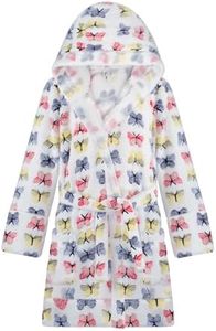 BIG ELEPHANT Kids Hooded Robe, Fleece Bathrobe for Girls Boys, Flannel Sleepwear, Coral Plush Pajamas for Christmas Gift, Butterfly, 7-8 Years