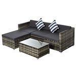 Outsunny 5 Pieces Outdoor PE Rattan Patio Furniture Set, 4 Seater Garden Sectional Sofa with Glass Top Coffee Table, Metal Frame, Cushion, Pillows, Grey