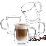 ComSaf 8.5oz Double Walled Glass Coffee Cups Set of 4, Heat Resistant Borosilicate Glasses Mugs with Handle, Insulated Thermo Tumbler for Tea Cappuccino Latte Hot/Cold Drinks