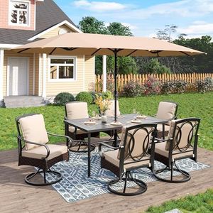 PHI VILLA Heavy Duty 8-Piece Patio Dining Sets, Outdoor Table and Chairs Set with Beige Umbrella for 6, 6 Extra Large Swivel Chairs, Rectangular Metal Dining Table for Deck, Backyard and Garden