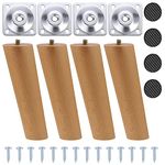 4 PSC Wooden Tapered Furniture Legs, 15cm Solid Tapered Wood Sofa Legs, Replacement Furniture Feet with Mounting Plate, Screws and Anti-Slip Mats for Couch Sofa Cabinet Ottoman