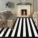 Black and White Rug 5' x 7', Collive Washable Patio Rug,Striped Indoor Outdoor Rug,Farmhouse Cotton Woven Layered Front Door Rug for Living Room/Porch/Bedroom