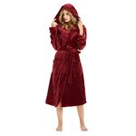 HEARTNICE Womens Hooded Fleece Robe, Soft Plush Bathrobe for Womens, Fluffy Cute Long House Coat (A-Wine Hooded, S/M)