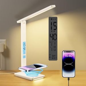 YAMYONE Lámpara de Escritorio LED con Cargador Inalámbrico & Puerto USB, Lámpara de Mesa 5 Colores 5 Brillos 2 Luces Nocturnas, Pantalla LCD Reloj Temperatura Protección Ocular Lámpara de Noche