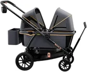Pamo Babe All-Terrain Wagon Stroller for Two Kids, Double Stroller with Push or Pull Handle, Canopy, Storage Basket, Dinner Plate, Oversized Damping Wheels, Mosquito Net and Rain Cover Grey