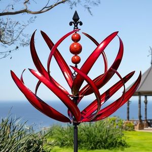 LimeHill Wind Spinner for Garden and Yard - Large Metal Kinetic Wind Sculptures for Outdoor Decor (91 Inches, Burgundy Lotus)