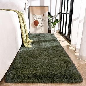 Przemy Fluffy Runner Rug for Bedroom Living Room, 2x6 Feet Olive Green Shag Area Rugs, Soft Fuzzy Carpet for Bedside Nursery Kids Room College Dorm, Plush Throw Rug for Home Decor