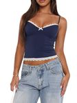 Women Spaghetti Strap Camisoles Summer Crop Tops Lace Trim V-Neck Sleeveless Backless Tank Tops Summer Vests (Navy Blue, S)