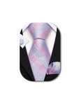 Barry Wang Men's Pink Blue Ties Plaid Check Necktie Cufflinks Handkerchief Formal Business Wedding