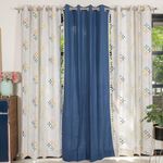 Urban Space 100% Cotton Curtains for Door, Set of 3 Curtains 7 feet Long, 60-65% Room Darkening Curtain, Tieback & Eyelets Included with Curtains for Home Decor (Blue & Aura Indigo, Door- 7 Feet)