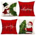 Simpkeely Red Christmas Pillow Covers Set of 4, Festive Farmhouse Christmas Decor, Snowman Wreath Santa Claus Tree Merry Xmas Holly Jolly Winter Throw Cushion Case for Home Sofa – 45 x 45 cm