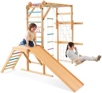 Avenlur Grove 8-in-1 Foldable Indoor Jungle Gym, Colored Bars | Wooden climbing gym for ages 2-11 with slide, swing, indoor monkey bars, rings, climbing rope, ladders and rope wall net