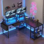 Flamaker L Shaped Gaming Desk with Led Lights＆Power Outlet,140 x 140 cm Corner Gaming Desk for Home Office,Reversible Computer Desk with Monitor Stand & Storage Shelve, Black