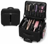 Coslifestore Professional Hair & Makeup Trolley Bag – Rolling Organizer with Removable Dividers, Clear Pouches & Heat Resistant Mat, Large Capacity Travel Case