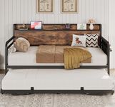 LIKIMIO - Single Sofa Bed with Trundle Bed, Headboard with Storage and Charging Station, Sturdy Structure for Living Room, Bedroom and Guest Room, Industrial Brown