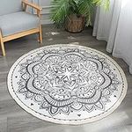 hi-home Boho Round Rug 120CM, Machine Washable Rug for Living Room, Cotton Circle Kitchen Rug Area Rug with Small Tassel for Bedroom Patio, Mandala Outdoor Round Rug for Camping Picnic