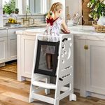 TOETOL Bamboo Toddler Kitchen Stool for Kids Step Stool - White Little Helper Tower Adjustable Height with Learning Black & White Activity Board