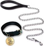 Kraftidy Dog Collar and Chain Leash with Name tag id Customized for Large Medium Dogs Small Puppies Neck Collar Belt and Chain Leash with Personalized Dog Name (Black) (Large)