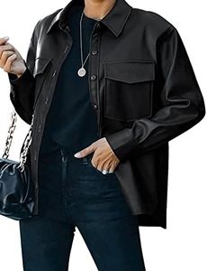 FindThy Women’s Vintage Faux Leather Jacket Long Sleeve Button Down Pocketed Shacket Blazer(0003-01Black-L-RD)