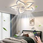 27.2‘’ Ceiling Fan with Lights and Remote Control, 5 Petals Modern Bladeless Flush Mount Fan Light, Low Profile 3 Switchable LED Light and Ultra Quiet 6 Gear Wind Speed, Ceiling Fan with Smart Timer