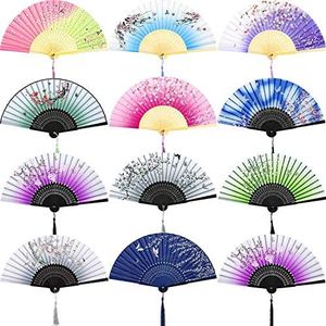 Chuangdi 12 Pieces Hand Held Fans Silk Bamboo Folding Fans Flower Printed Fans Handheld Folded Dance Fans for Wedding Gift Party Favors (Cherry Blossom)