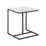 White Faux Marble Side Table: Modern C Shaped End Table Sofa Coffee Snack Accent Laptop Table with Black Metal Frame Sintered Stone Table Top Bedside Table for Living Room Couch