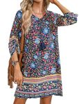 Hotouch Womens Casual Vintage Boho Print Dress Floral Print Tie Neck Dress Multi XL