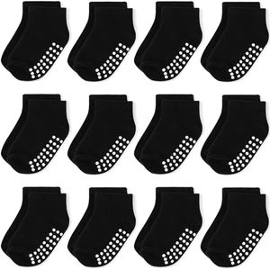 JAKIDAR 12-Pair Baby Socks Non-Slip Cotton Toddler Socks Ankle Socks for Baby, Black 4-7T