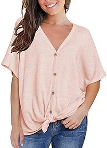 MIHOLL Womens Loose Blouse Short Sleeve V Neck Button Down T Shirts Tie Front Knot Casual Tops (Small, Pink)