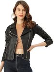 DELGARM Women/Girls Faux Leather Biker Jacket with Lapel Collar (M, BLACK)