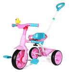 KRIDDO 2 in 1 Kids Tricycles Age 18 Month to 3 Years, EVA Wheels Upgraded, Gift, Trikes for Toddlers 2 to 3 Year Old with Push Handle and Duck Bell, Pink