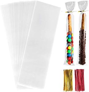 Morepack Pretzel Rod Bags, 2x10Inches 200PCs Pretzel Stick Bags, Pretzels Individual Bags with Ties