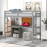 Merax Loft Bed Twin with Desk and Storage, Wooden Bed Frame with Convenient Writing Board & 2-Ladder Design, for Kids Teens Adults (Grey)