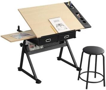 Height Adjustable Drafting Table,0-75° Art Craft Desk Drawing Table Artist Desk Tilting Tabletop Watercolor Paintings Sketching Work Station w/2 Storage Drawers and Stool for Home Office Oak