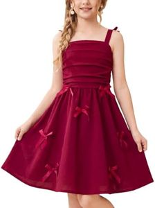 Tween Girls Ruched Bow Spaghetti Strap Dress with Pockets Red 13-14 Years