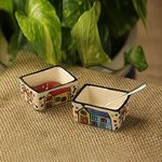 ExclusiveLane 'Two Dips of Hut' Ceramic Bowl Chutney Bowls for Serving Dip Bowls (Set of 2, 80 ML, Multicolored, Dishwasher Safe) | Hand Painted Bowls for Kitchen Dining Table Bowl Set